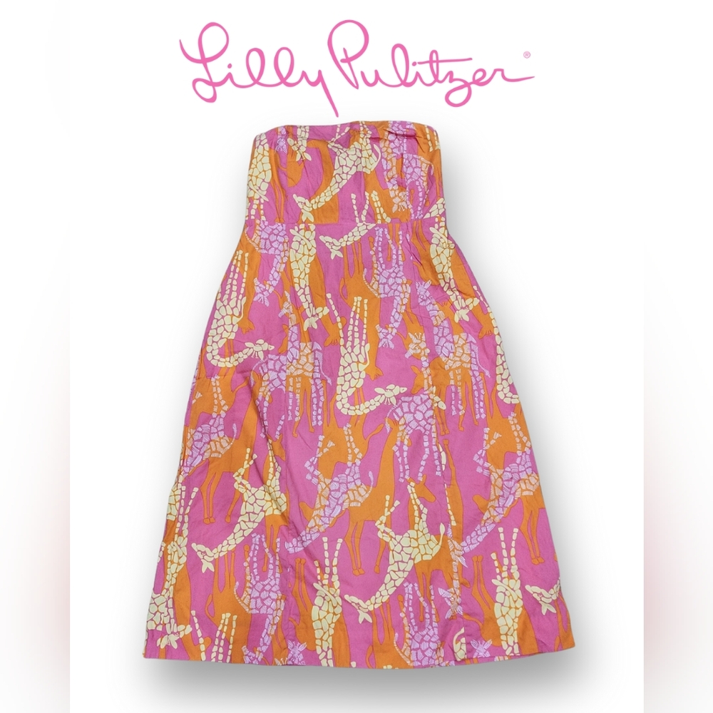 Lilly Pulitzer Strapless Giraffe Print Dress in Pink, Orange, Cream